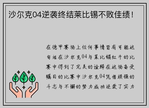 沙尔克04逆袭终结莱比锡不败佳绩！